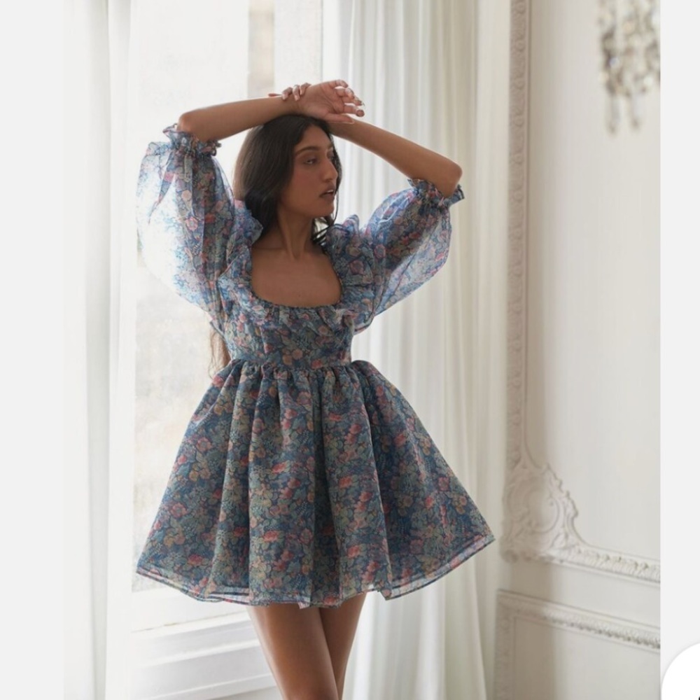 NWOT Selkie Mayfair Secret Garden Puff Sleeve Blue Floral Mini Dress Size XL - Picture 3 of 16